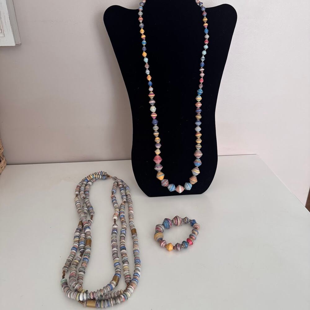 Handmade Rolled Paper Bead Necklaces Bracelet Boho Artisan Jewelry Lot Vintage